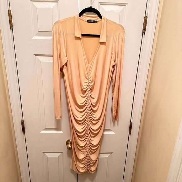 Boohoo Beige Ruched Dress & Cardigan Set – Size US 12 - Picture 5 of 10